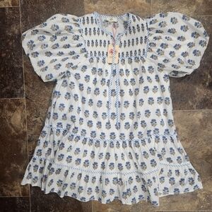 NEW Entro Dress Womens Lg Blue White Spring Has Sprung Puff Sleeve Scallop Trim